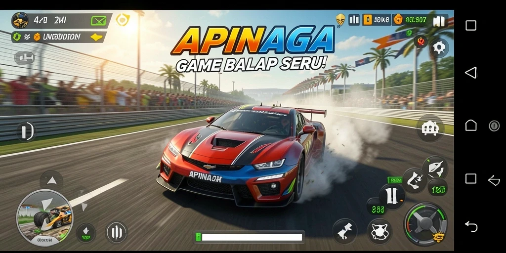 Gameplay APINAGA dengan balapan seru di berbagai trek.