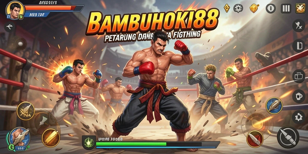 Screenshot BAMBUHOKI88 menampilkan duel intens dengan karakter dinamis.