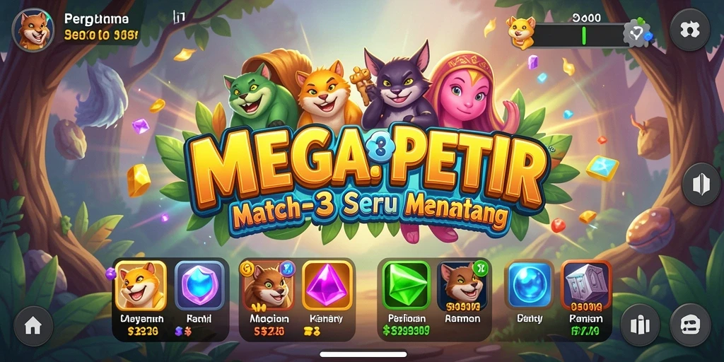 Tangkapan layar gameplay MEGAPETIR dengan kombinasi Match-3 yang seru.