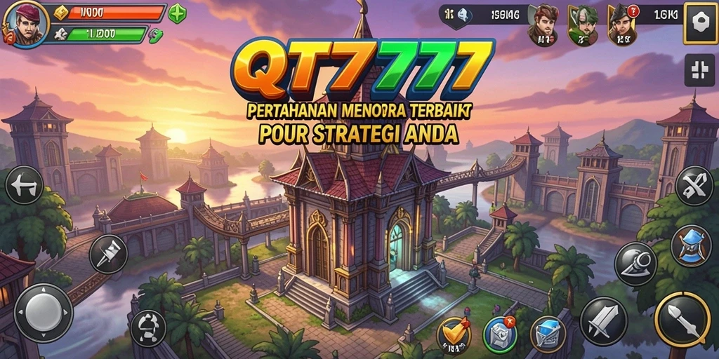 Tangkapan layar utama QT777 menampilkan aksi menara bertahan melawan gelombang musuh.