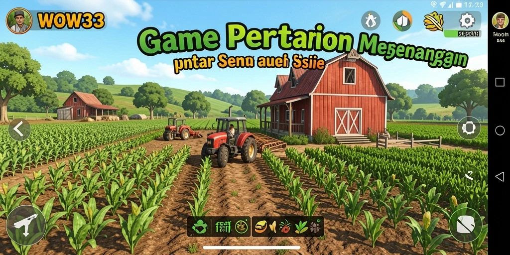 Screenshot utama WOW33 menampilkan kebun yang subur dan hewan-hewan lucu.